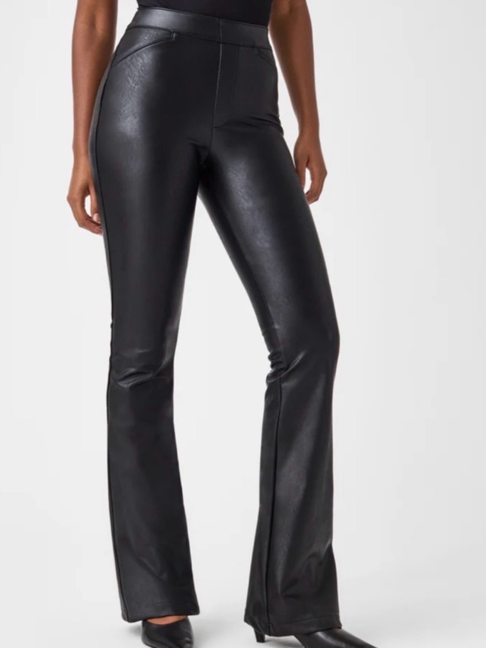 SPANX Faux Leather Flare Pull-On Stretch Pants in Matte Black Women’s Size 1x